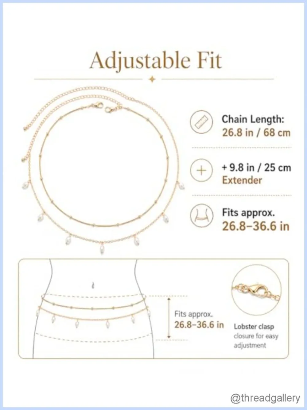 14K Gold Plated Layered Waist Chain Adjustable Body Jewelry for Beach